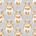 Autumn squirrels seamless pattern drawn in wax crayons on gray background.Fall holiday print for Thanksgiving