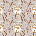 Autumn squirrels seamless pattern drawn in wax crayons on gray background.Fall holiday print for Thanksgiving