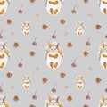 Autumn squirrels seamless pattern drawn in wax crayons on gray background.Fall holiday print for Thanksgiving