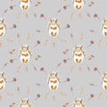 Autumn squirrels seamless pattern drawn in wax crayons on gray background.Fall holiday print for Thanksgiving