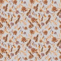 Autumn squirrels seamless pattern drawn in wax crayons on gray background.Fall holiday print for Thanksgiving