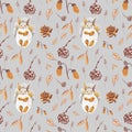 Autumn squirrels seamless pattern drawn in wax crayons on gray background.Fall holiday print for Thanksgiving