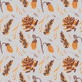 Autumn squirrels seamless pattern drawn in wax crayons on gray background.Fall holiday print for Thanksgiving