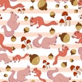 Autumn squirrels vector repeating pattern design on stripes