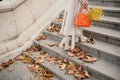 Autumn Stairs Female Legs. Unrecognizable female legs go down the stairs covered with leaves in the Autumn park. Shoes