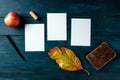 Autumn stationery mockup, three greeting cards or invitations, shot from the top with a wine cork