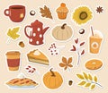 Autumn stickers collection with seasonal pumpkin spices, food and drink Royalty Free Stock Photo