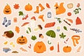 Autumn stickers pack set with acorn and edible mushrooms, Halloween pumpkin, orange leaf of maple