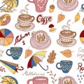 Autumn stickers umbrella cup comfort hand drawn leaves rain bright colors isolated elements on white background cute Royalty Free Stock Photo