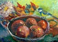 Autumn still life apples in a vase, chrysanthemum, titmouse and autumn leaves, oil painting Royalty Free Stock Photo