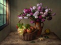 Autumn still life with bouquet of chrysanthemums and fruits Royalty Free Stock Photo