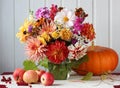 Autumn still life with a bouquet of flowers, apples and pumpkin on the table Royalty Free Stock Photo