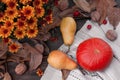 Autumn still life. Bouquet of orange chrysanthemums, pumpkin, pears and nuts on a wooden table. View from above. Thanksgiving, Royalty Free Stock Photo