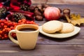 Autumn still life - coffee, cookies, a plaid and apple Royalty Free Stock Photo