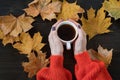 Autumn still life composition. Female hands holding Cup of hot tea on fallen yellow leaves background