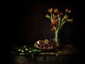 Autumn still life with conkers, stinking iris seeds, acorns and pine cones. Chiaroscuro style.