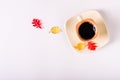 Autumn still life cup of black coffee and colored leaves on a pink background. Top view. Copy space Royalty Free Stock Photo