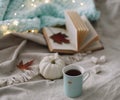 Autumn still life. A cup, dried leaves, book and pumpkin. Hygge lifestyle, cozy autumn mood. Flat lay, thanksgiving background Royalty Free Stock Photo