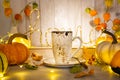 Autumn still life with cup of tea, pumpkins,flowers and candles on table.Thanksgiving day or halloween concept Royalty Free Stock Photo