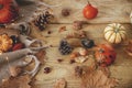 Autumn still life. Cute pumpkins, autumn leaves, cones, walnuts, cozy scarf on rustic wooden table in farmhouse. Fall in rural