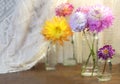 Autumn still life. Dahlias in glasses on a wooden table. View through wet rainy windowPInk white Dahlia flowers, top Royalty Free Stock Photo