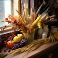 Autumn still life. Fall seasonal composition with a harvest of pumpkins, grapes and berries