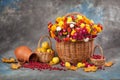 Autumn still life. Flower, fruit and vegetables