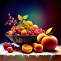 Autumn still life with fruits and berries in a clay bowl. generative AI Royalty Free Stock Photo