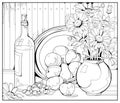 Autumn still life with fruits and flowers. Coloring book for children and adults. Image in zen-tangle style. Printable page for