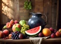 Autumn still life fruits with a jug, watermelon, grapes, plums in rustic style on the table Royalty Free Stock Photo