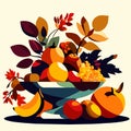 Autumn still life with fruits and leaves in a bowl. Vector illustration. generative AI Royalty Free Stock Photo