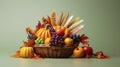 Autumn still life with fruits and vegetables in wicker basket on green background Generative AI Royalty Free Stock Photo