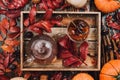 Autumn still life with glass tea cup and kettle in wooden tray with red leaves, pumpkins and squashes