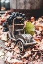 Autumn still life grapes in a wooden car on a background of autumn leaves Royalty Free Stock Photo