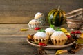 Autumn still life. Homemade cupcakes with powdered sugar with cinnamon sticks, anise stars, pumpkins, Royalty Free Stock Photo