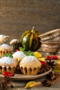 Autumn still life. Homemade cupcakes with powdered sugar with cinnamon sticks, anise stars, pumpkins, berries of rosehip Royalty Free Stock Photo