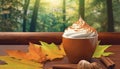 Autumn still life hot latte with whipped cream and pumpkin spice generated by AI