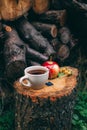 Autumn Still Life with hot tea, apple and dog-rose