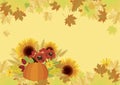 Autumn harvest with pumpkin and sunflowers background vector