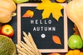 Autumn still life image with melon, apples, pears, rye, pumpkins, colorful foliage and letter board with words Hello Autumn