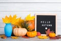 Autumn still life image with pumpkins, vase with colorful maple foliage and letter boards with words Hello Autumn against white