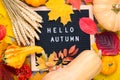 Autumn still life image with rye, pumpkins, colorful foliage and letter board with words Hello Autumn