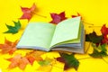 Autumn still life. Opened book and autumn colored maple leaves on a yellow background Royalty Free Stock Photo