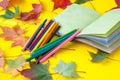 Autumn still life. Opened book, colored pencils and autumn colored maple leaves on a yellow background Royalty Free Stock Photo