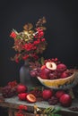 Autumn still life with plums and rowan berries on a rustic table on a dark background. Royalty Free Stock Photo