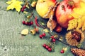 Autumn still life with pomegranate, apple and fall leaves. Fall
