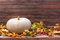 Autumn still life with pumpkin and dry leaves on wooden background Royalty Free Stock Photo