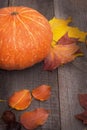 Autumn still life. Pumpkin and dry leaves on wooden board. Top view, vintage style. Royalty Free Stock Photo