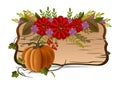 Autumn still life with pumpkin, flowers and vintage wooden board