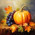 Autumn still life with pumpkin, grapes and maple leaves. Square oil painting in vintage style, beautiful artwork